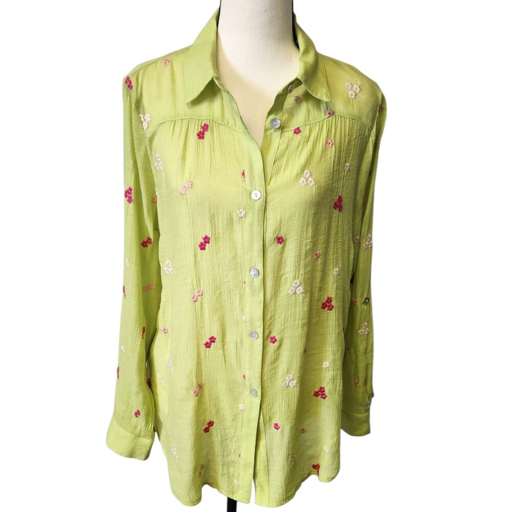 Anthropologie Figueroa & Flower Lime Green Long Sleeve Button Down Shirt Small - Picture 2 of 7